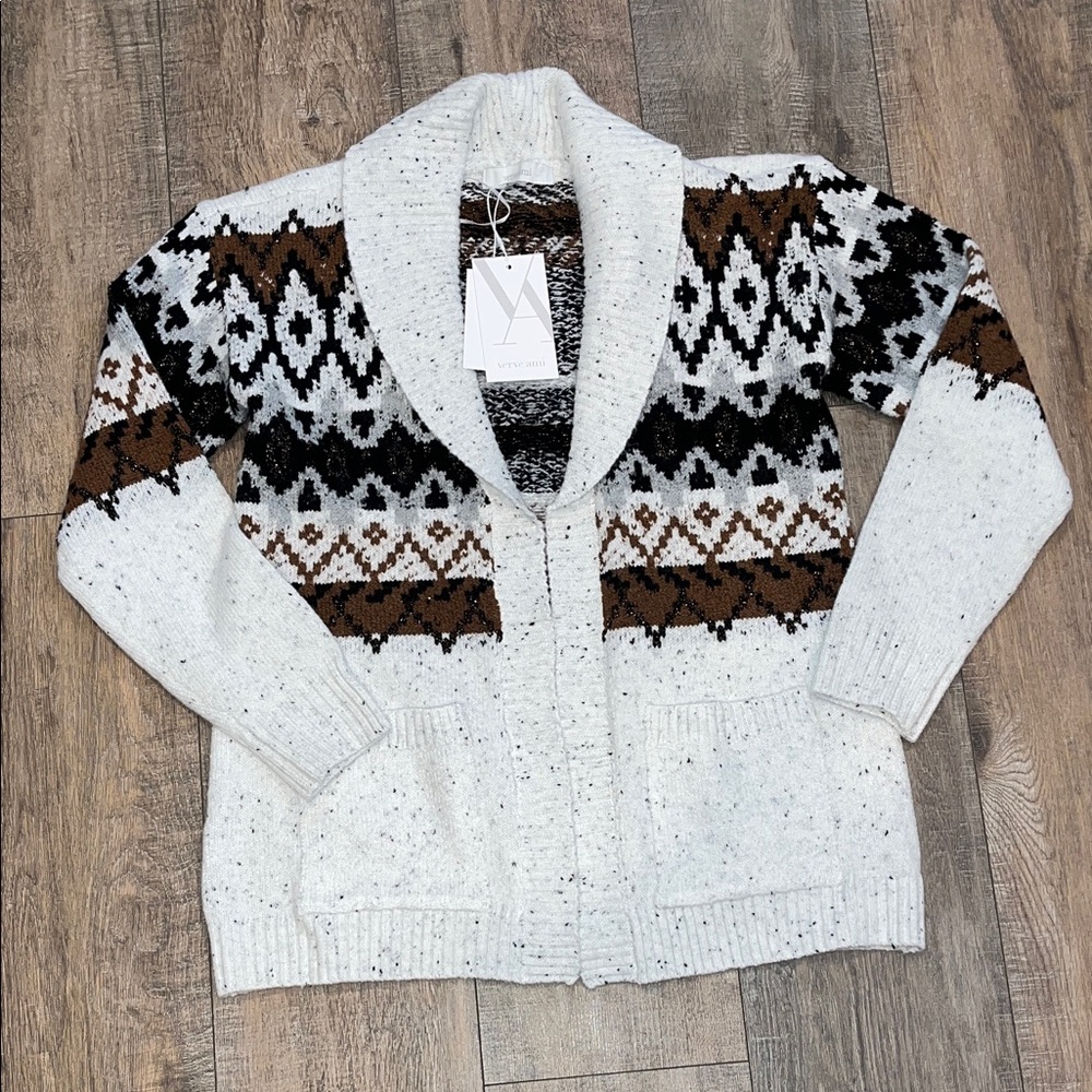 Verve Ami Fair Isle White Orange Black Shawl Open Knit Cardigan Sweater